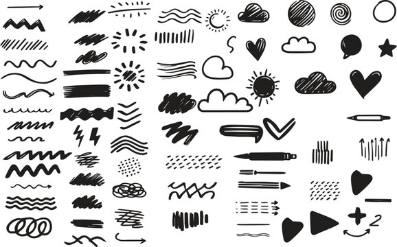 Scribble doodle underline emphasis line shape set. Hand drawn brush stroke elements.