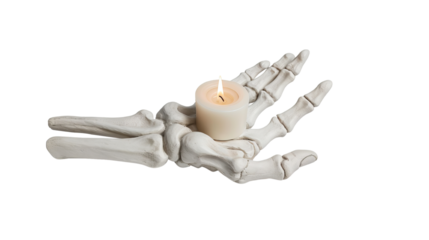 Skeleton hand holding a lit candle. A unique and eerie image perfect for Halloween, gothic themes, and spooky decor ideas.