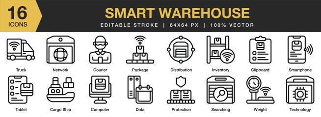 Set of 16 Smart Warehouse icon set. Editable Stroke Icon Collection. Includes cargo ship, computer, courier, data, inventory, and More. Outline icons vector collection.