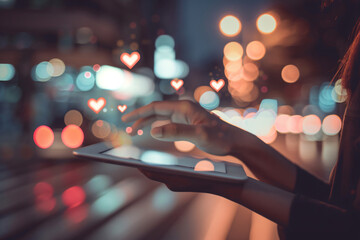 Obraz premium The hand of a woman using a tablet with social media icons and like, love symbols floating on the screen over a blurred city street background at night.