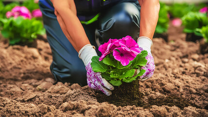 Fototapeta premium Adult Person Working And Planting Colourful Flowers And Gardening Stuff Garden Flowers Hobby 300 PPI High Resolution Image