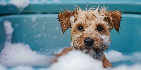 Canine companions enjoy grooming services at doggie day care with sudsy baths. Concept Pet grooming, Dog care, Canine spa, Sudsy baths, Furry friends