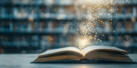 Vintage book with flying letters and glowing light on bookshelf in library. Concept Vintage Books, Flying Letters, Glowing Light, Bookshelf, Library