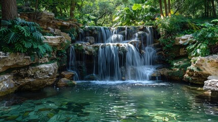 A picturesque waterfall cascading into a clear pool, surrounded by lush greenery