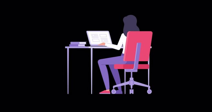 Back view female student online elearning distance education sitting desk laptop with stack of books flat animation with alpha channel