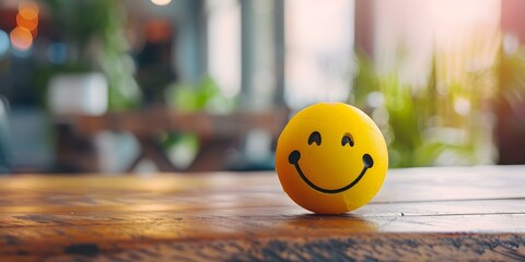 Yellow smiley face stress ball promotes workplace positivity and mental health. Concept Workplace Positivity, Mental Health Awareness, Stress Relief, Yellow Decor, Smiley Face