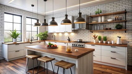 Modern kitchen features crisp white brick walls, rich wooden countertops, and sleek black pendant lights, exuding warmth and sophistication.