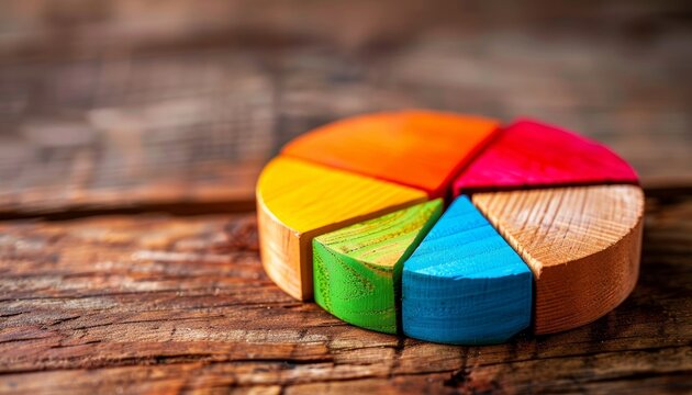 Colorful wooden pie chart on rustic wooden background, representing data visualization and business analytics in a creative way. - Powered by Adobe