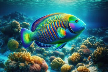 Obraz premium Beautiful Thalassoma lunare, commonly known as the Moon Wrasse rainbow fish underwater in the tropical waters of the ocean. They are characterized by their bright and vibrant coloration