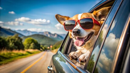 Carefree canine companion sticks head out of car window, wearing trendy shades, embracing freedom on a thrilling adventure ride.