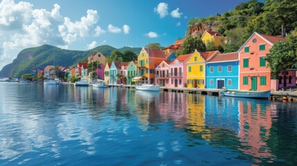 Obraz premium Serene Harbor Views: Sailboats, Colorful Houses, and Clear Blue Skies in Picturesque Setting