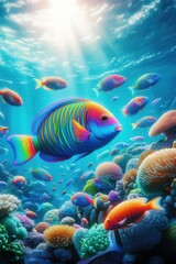Fototapeta premium Beautiful Thalassoma lunare, commonly known as the Moon Wrasse rainbow fish underwater in the tropical waters of the ocean. They are characterized by their bright and vibrant coloration