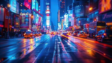 Obraz premium Vibrant Urban Nightscape with Neon Lights and City Motion Blur - Dynamic Street Photography with Sony A7R III