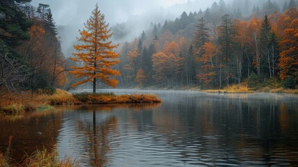 Enchanted Autumn River: Serene Landscape with Misty Waters and Colorful Trees