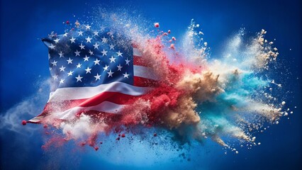 Vibrant patriotic powder splash with waving national flag on blue background, perfect for celebratory occasions, freedom, and national pride.