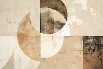An abstract artwork featuring vintage-inspired geometric shapes and muted earth tones, creating a sense of nostalgia and sophisticated simplicity.