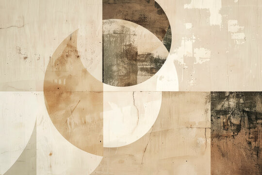 An abstract artwork featuring vintage-inspired geometric shapes and muted earth tones, creating a sense of nostalgia and sophisticated simplicity.