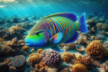 Beautiful Thalassoma lunare, commonly known as the Moon Wrasse rainbow fish underwater in the tropical waters of the ocean. They are characterized by their bright and vibrant coloration