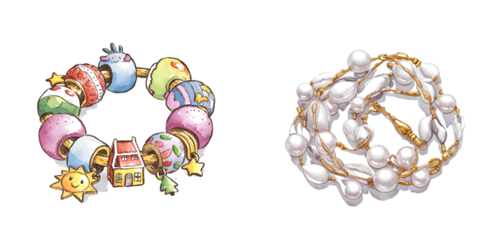 A bracelet with beads and a necklace with pearls