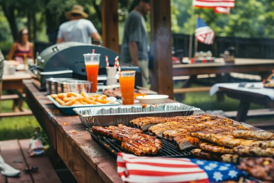 Barbecue Party Scene - with family background blurryClassic 4th of July Barbecue Generated Ai. Beautiful simple AI generated image in 4K, unique.