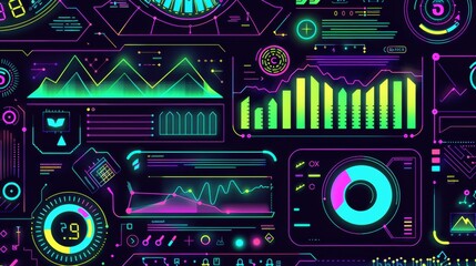 Obraz premium data visualization hi-tech futuristic infographic illustration in neon lime green and purple color palette