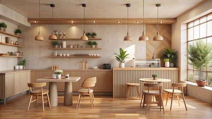 Cozy minimalist restaurant interior with warm beige walls, wooden decor, and vintage-style milk tea shop counter against a blank background.
