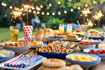 Festive outdoor picnic with colorful lights, sparklers, and patriotic-themed cups on a blanket in the evening.. Beautiful simple AI generated image in 4K, unique.