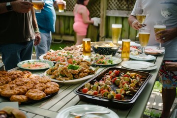 Festive outdoor picnic with colorful lights, sparklers, and patriotic-themed cups on a blanket in the evening.. Beautiful simple AI generated image in 4K, unique.
