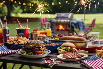 Fototapeta premium Barbecue Party Scene - with family background blurryClassic 4th of July Barbecue Generated Ai. Beautiful simple AI generated image in 4K, unique.