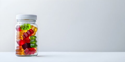 Colorful gummy bears in medicine bottle against white background. Concept Food Styling, Colorful Props, Creative Photography
