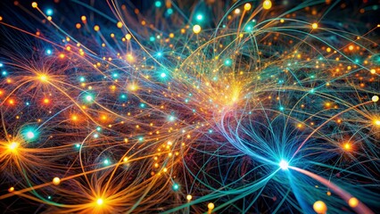 Vibrant, intricate network of glowing threads, swirling with dynamic patterns, depicting the complexities of artificial intelligence and machine learning.