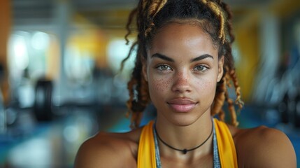A fit individual in a yellow top poses in a gym setting, emphasizing physical fitness, modern workout gear, and a motivational atmosphere ideal for achieving fitness goals.