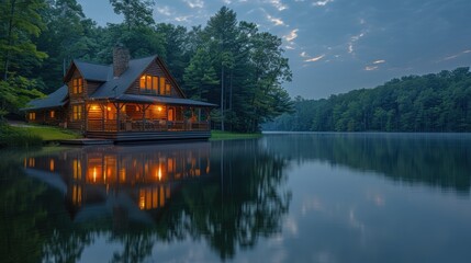 Fototapeta premium Tranquil Lakeside Cabin Retreat at Dusk with Glowing Lights and Still Water Reflection, Captured with Nikon D3400 - Peaceful Calm Mood Photography