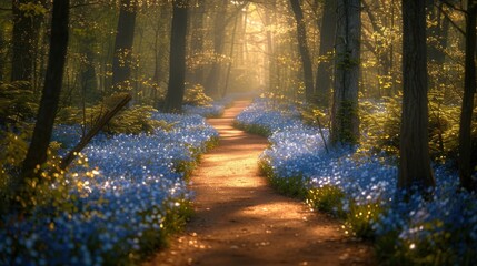 Fototapeta premium Serene Spring Forest Path with Wildflowers - Rejuvenating Nature Photography