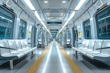 Clean, modern metro train interior with sleek white seats and bright lighting