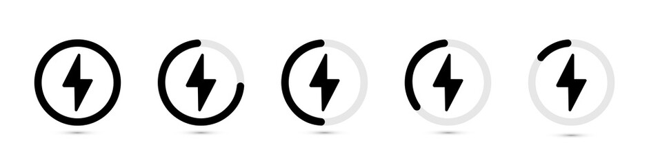 Set of round battery charging icons. The battery charge symbol is indicated in a circle. Battery charge level.