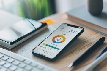 Smartphone is displaying financial charts and data, while a businessman works at his desk