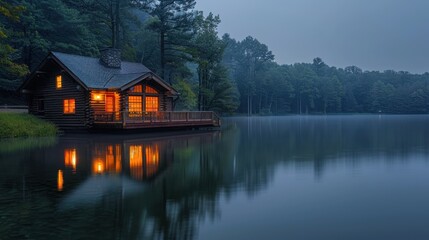 Fototapeta premium Tranquil Lakeside Cabin at Dusk - Peaceful Reflections and Glowing Lights on Still Water