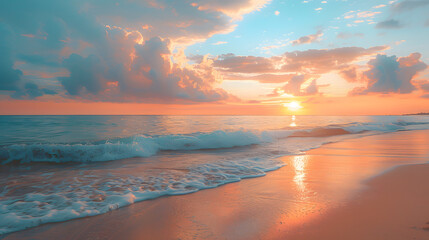 Obraz premium Colorful sunset on the tropical beach with beautiful sky, clouds, soft waves