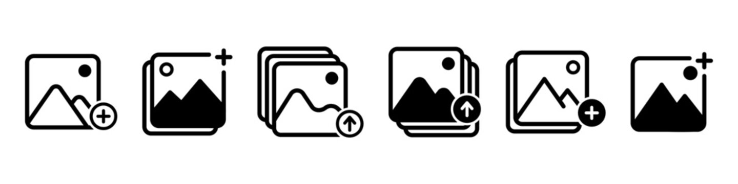 Add photo icon. Upload picture vector set. Import image isolated on white background.