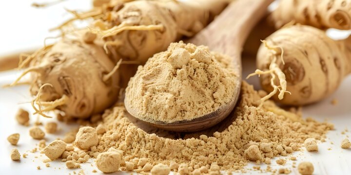 Closeup of organic maca root powder isolated on white background. Concept Organic Maca Root Powder, Closeup Shot, White Background