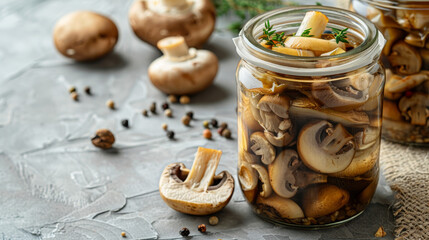 Canned champignons on a concrete background, representing fermented products.