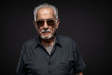 Obraz premium Porträt eines älteren tätowierten Mannes mit Sonnenbrille vor dunklem Hintergrund.