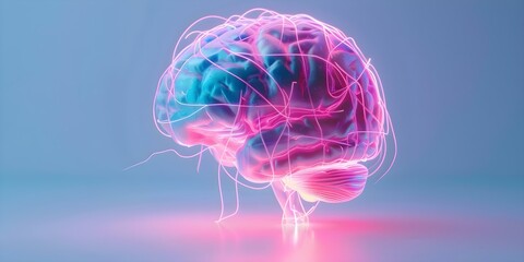 Neon lights illuminate digital brain neural connections in pink and blue. Concept Technology, Neon Lights, Brain Connections, Pink and Blue, Illuminate