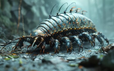 Fototapeta premium A futuristic, metallic centipede crawls through a foggy forest.