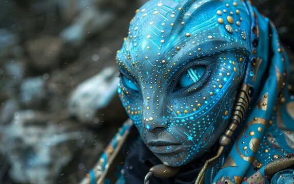 Closeup of a blue alien with glowing eyes and intricate details.