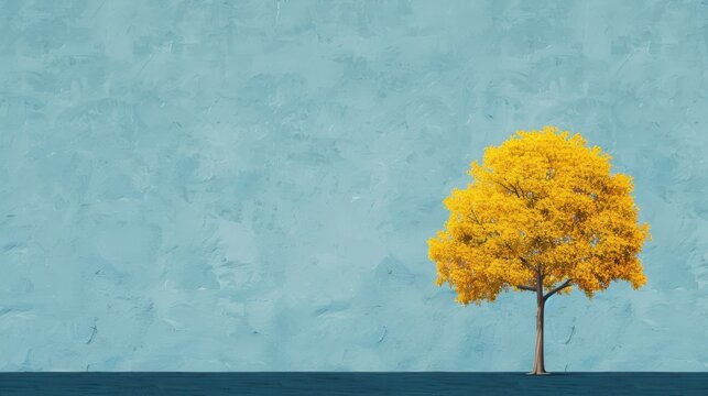 Yellow autumn tree against a blue textured background, symbolizing tranquility and the beauty of nature in a minimalist, colorful design.
