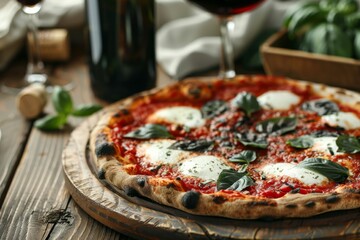 Authentic Neapolitan Margherita Pizza with Fresh Basil and Red Wine - Italian Cuisine at its Best