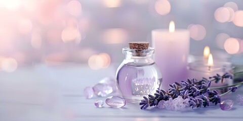 Glass bottle of Lavender essential oil lavender flowers candles amethyst crystals. Concept Aromatherapy, Wellness, Lavender, Crystal Healing, Relaxation