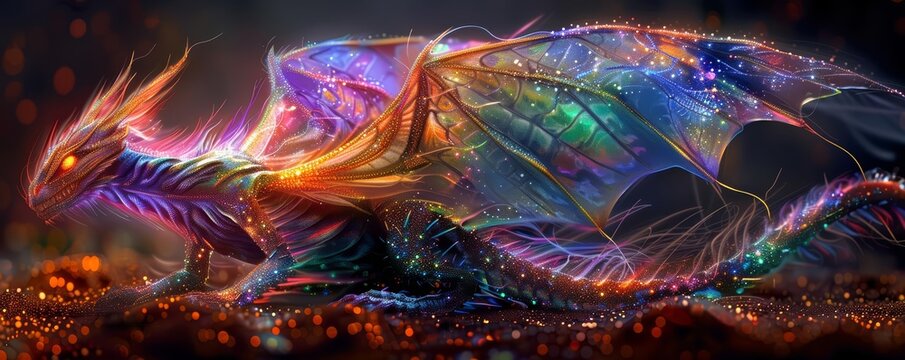 Alien with iridescent scales and wings, colorful extraterrestrial